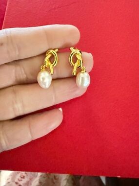 Gold Knot Drop Earrings with Pearl Dangles